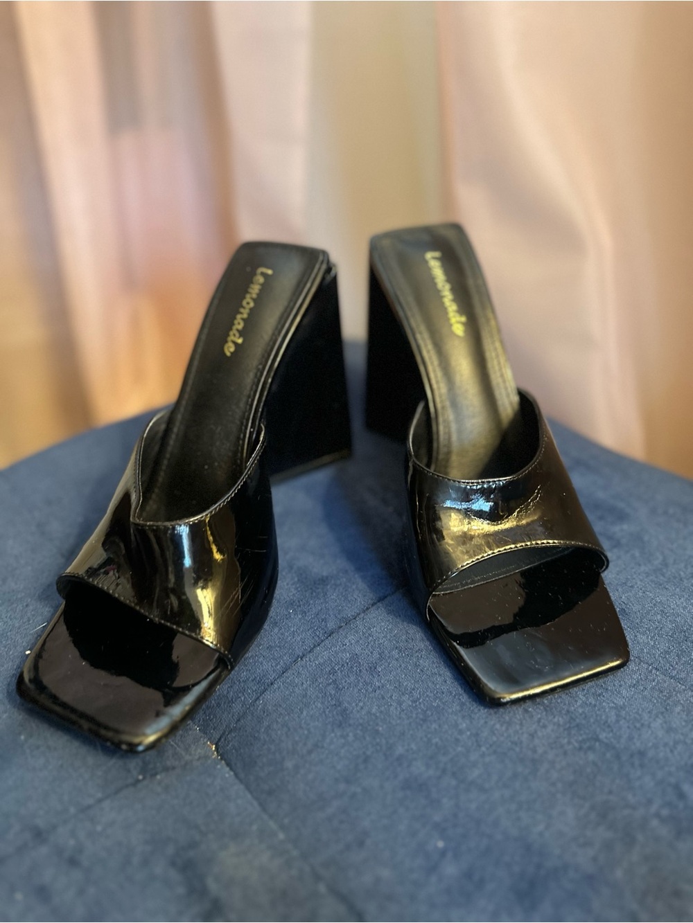 Lemon Black Patent Square-Toe Block Heel Mules